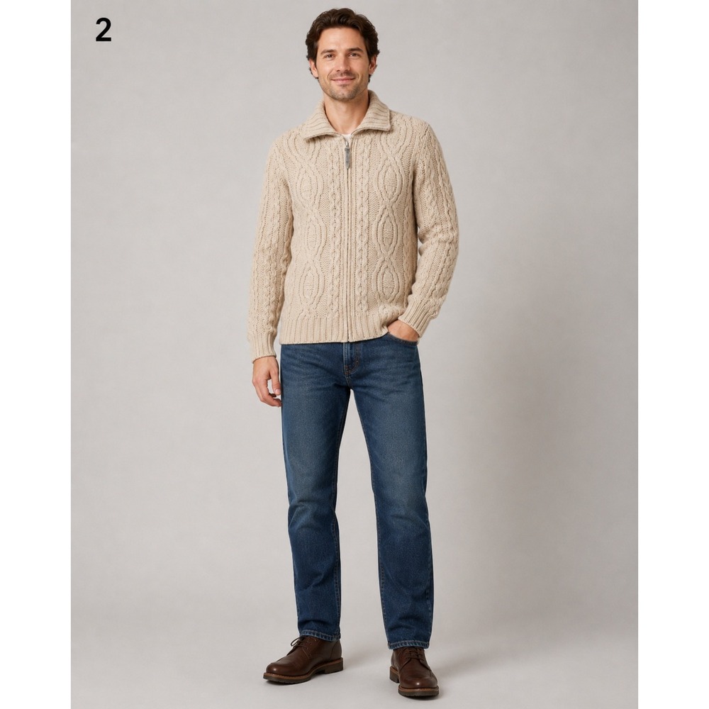 Vintage Aran Crafts Ireland Full Zip Granpacore Sweater Mens Small Cream Wool
